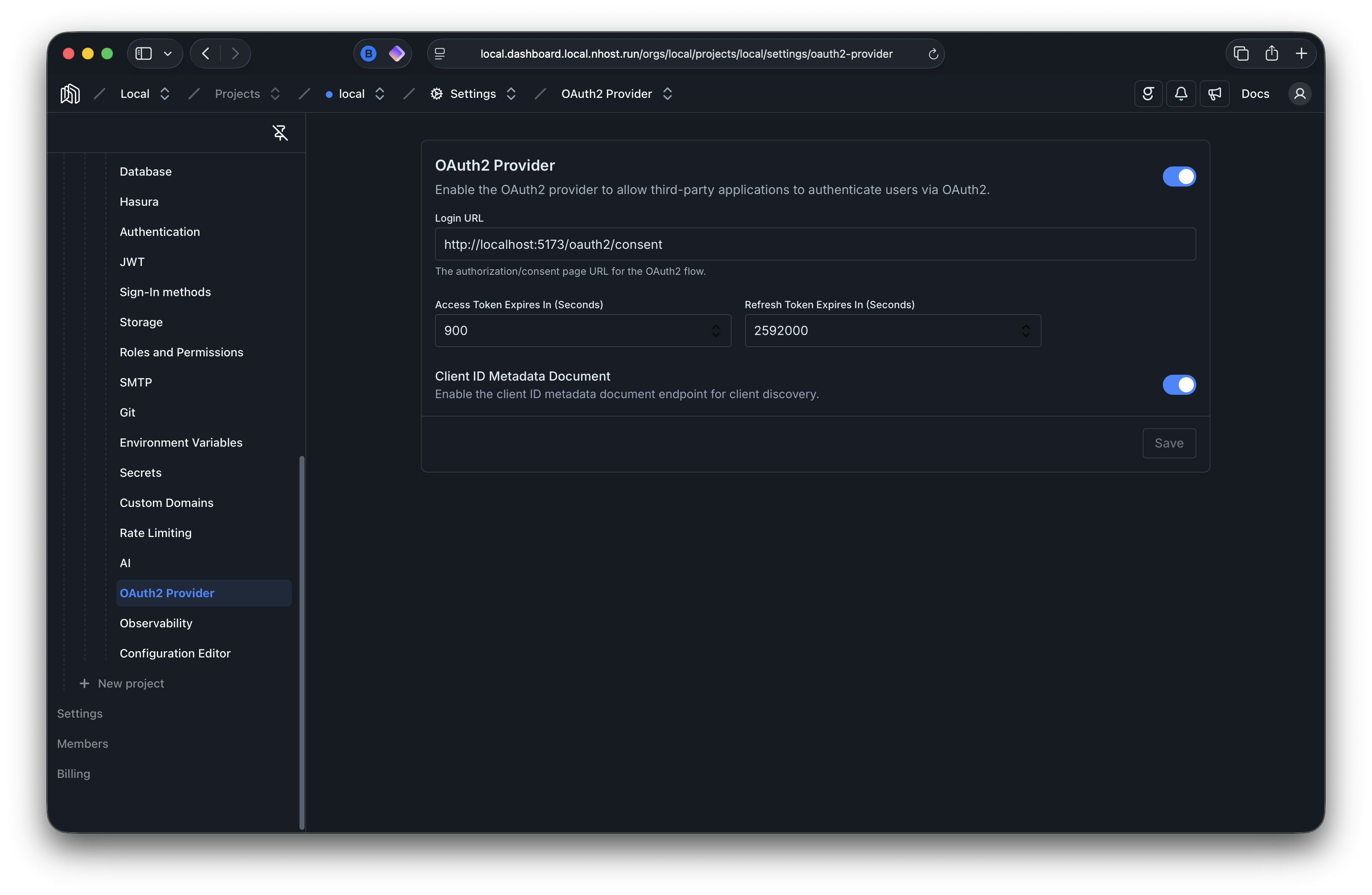 OAuth2 Provider settings