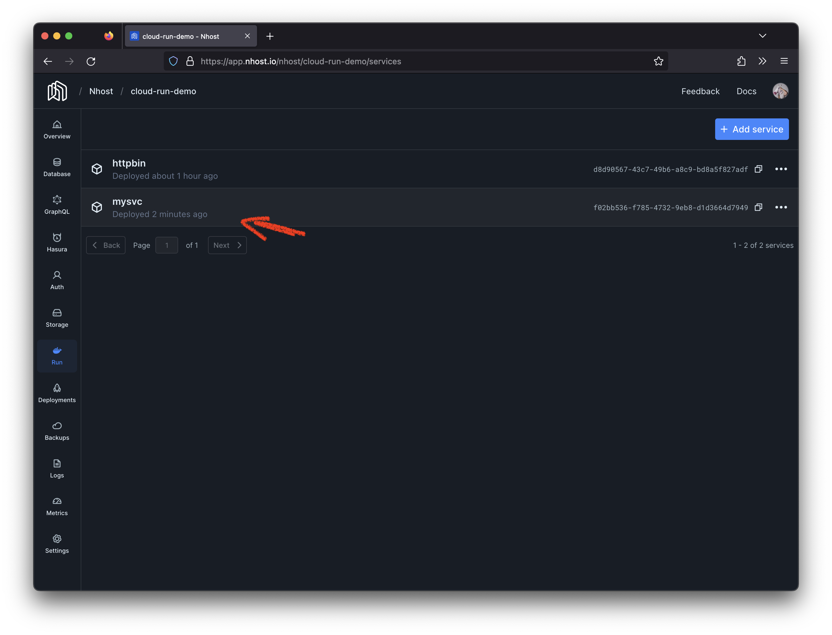 click on the new service